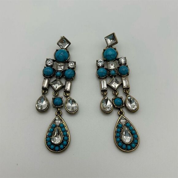 Bohemian Faux Turquoise & Rhinestone Sparkle Dangle Chandelier Earrings Chic - Picture 7 of 8